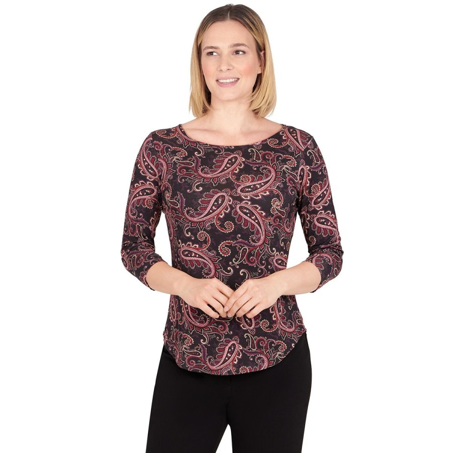 Wholesale * Cheapest Tops Plus Size Emaline Key Items 3/4 Sleeve Boat Neck Top Black/Multi