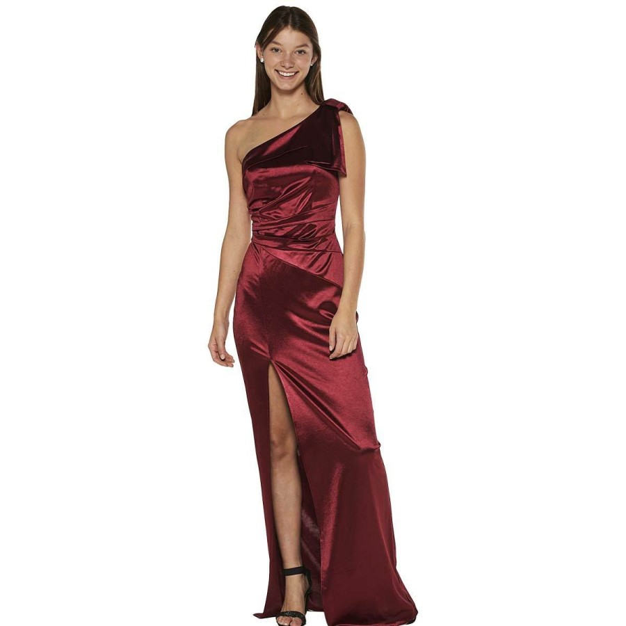 New * Cheap Emerald-Sundae Dresses Juniors Emerald Sundae One Shoulder Satin Long Dress With Bow Wine