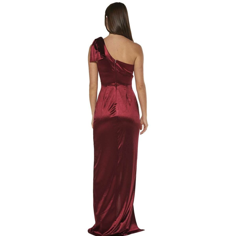 New * Cheap Emerald-Sundae Dresses Juniors Emerald Sundae One Shoulder Satin Long Dress With Bow Wine