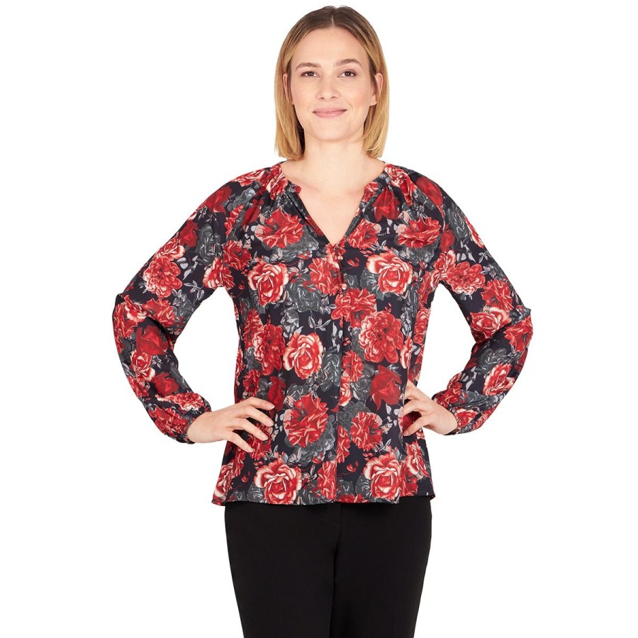 Wholesale * Coupon Tops Plus Size Emaline Manitoba Long Sleeve Rose Garden Blouse Black/Multi