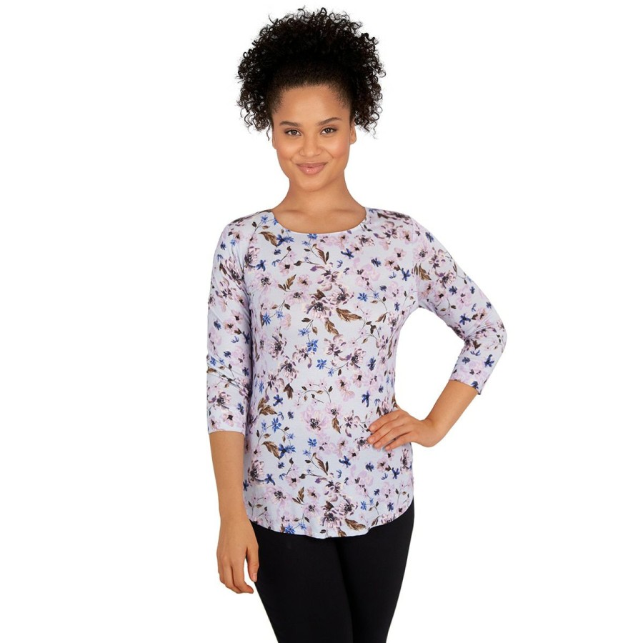 Online * Budget Tops Petite Emaline Key Items 3/4 Sleeve Round Neck Botanical Top Medium-Blue-/-Multi