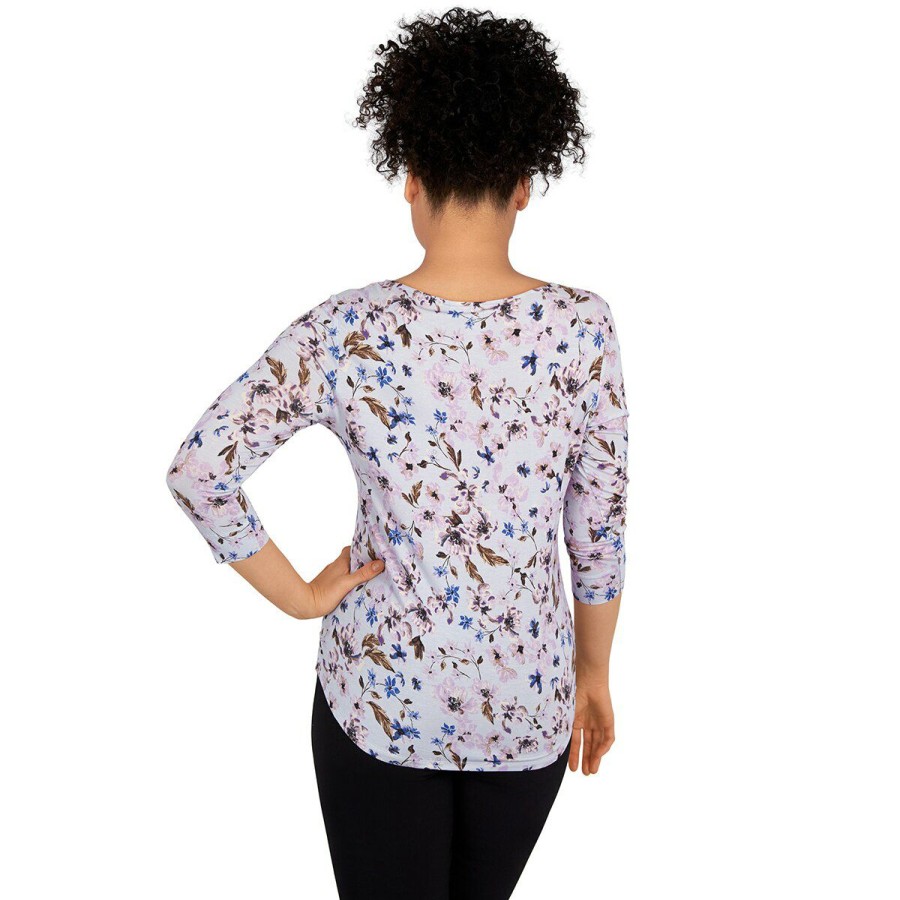 Online * Budget Tops Petite Emaline Key Items 3/4 Sleeve Round Neck Botanical Top Medium-Blue-/-Multi