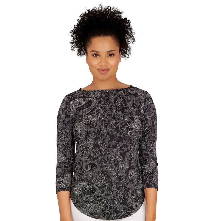 Online * Brand New Tops Plus Size Emaline 3/4 Sleeve Dotted Paisley Boat Neck Top Black/Multi