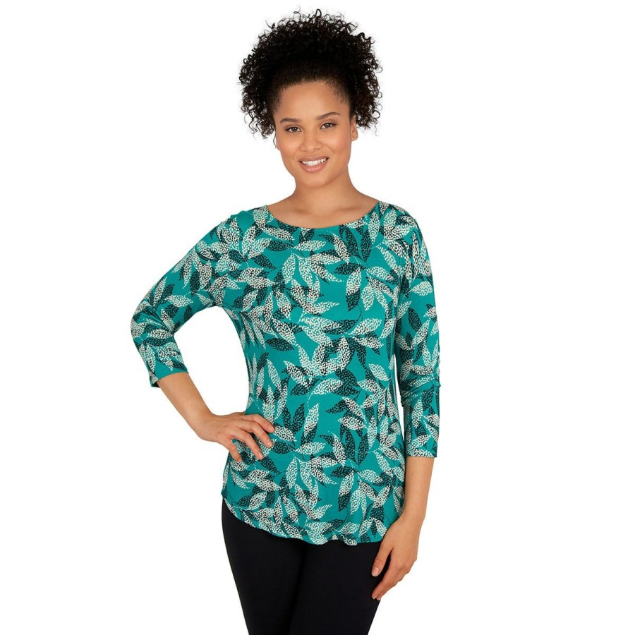 Best * Best Reviews Of Tops Petite Emaline Key Items 3/4 Sleeve Leaf Knit Top Medium-Green-Multi