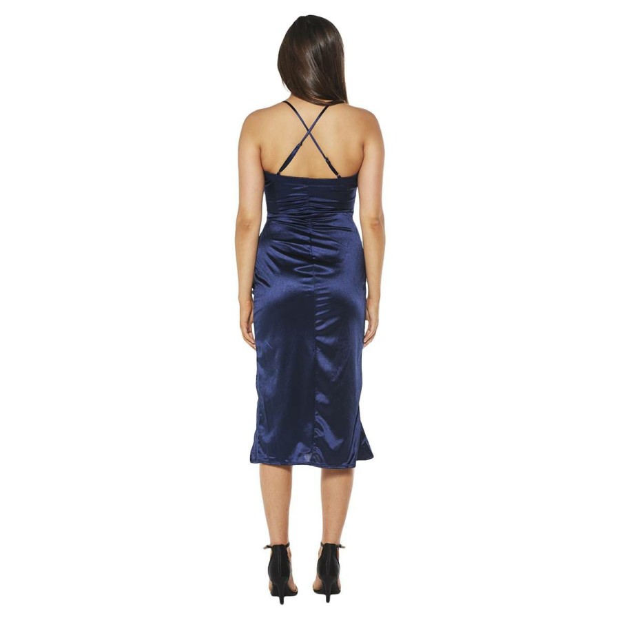 Best * Cheapest Emerald-Sundae Dresses Juniors Emerald Sundae Side Ruffle X-Back Midi Slip Dress Navy