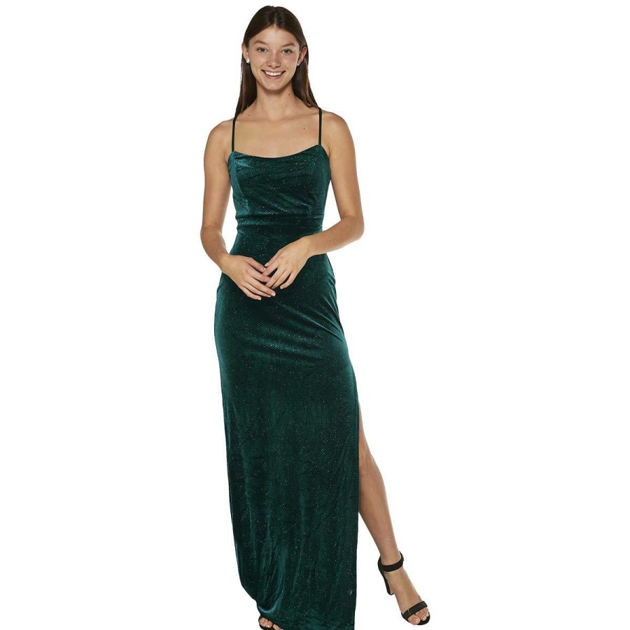 Wholesale * Promo Sundae Dresses Juniors Sundae Glitter Velvet Lace Back Long Slip Dress Emerald