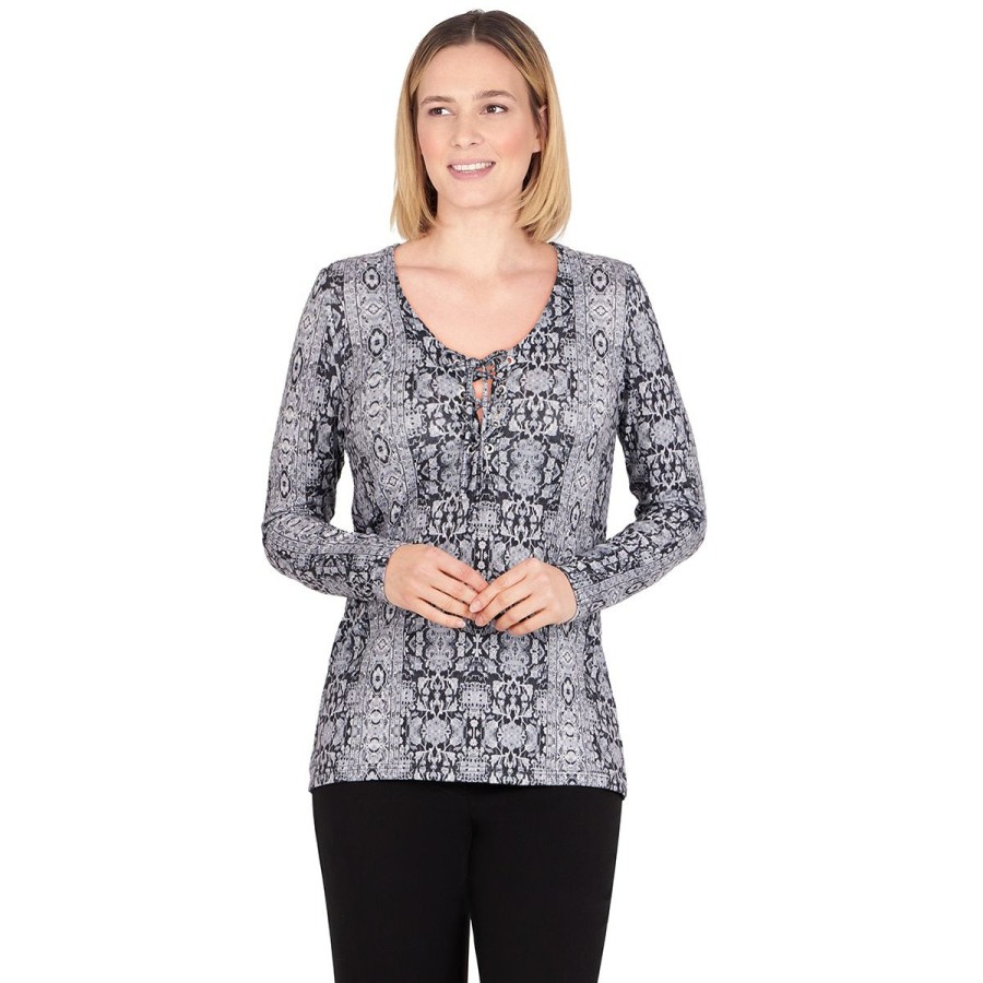 Online * Budget Tops Plus Size Emaline Manitoba Long Sleeve Lace Up Medallion Blouse Black/Multi