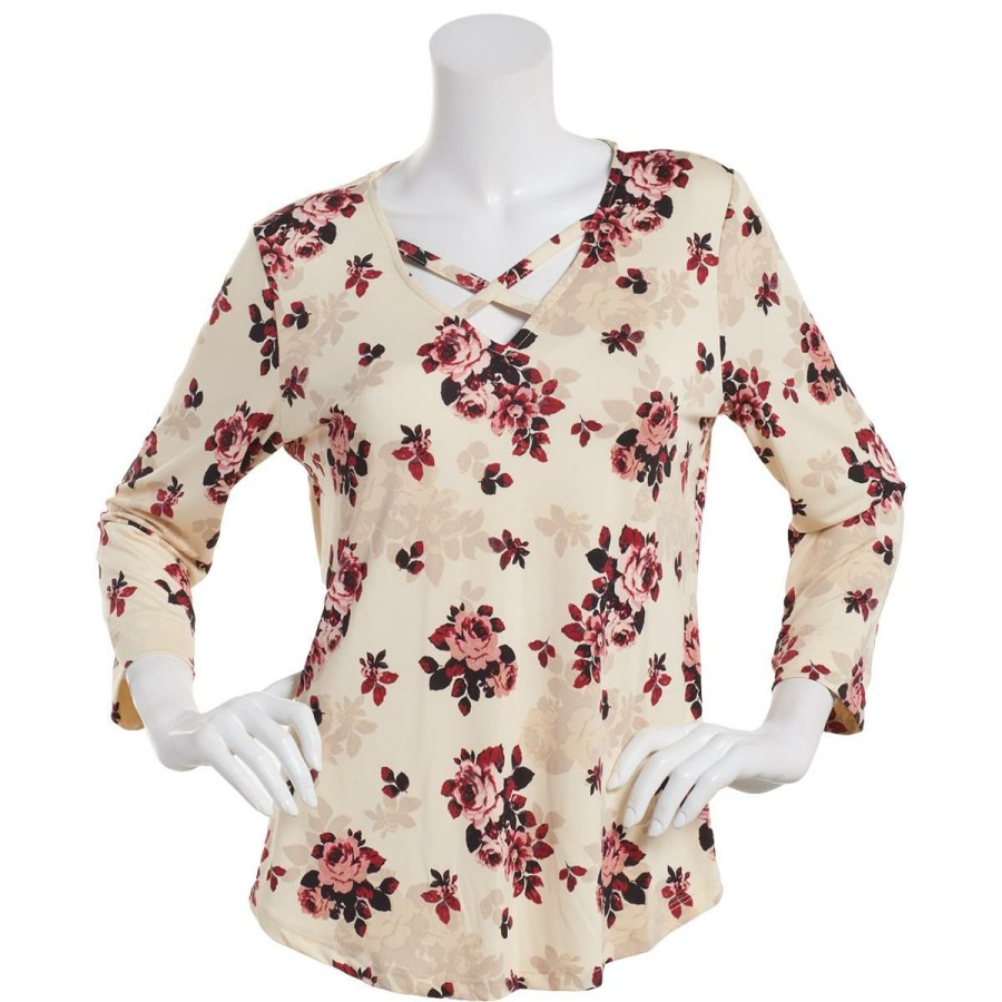 Wholesale * Discount Tops Womens Emaline Key Items 3/4 Sleeve Criss Cross V-Neck Top Vanilla/Multi