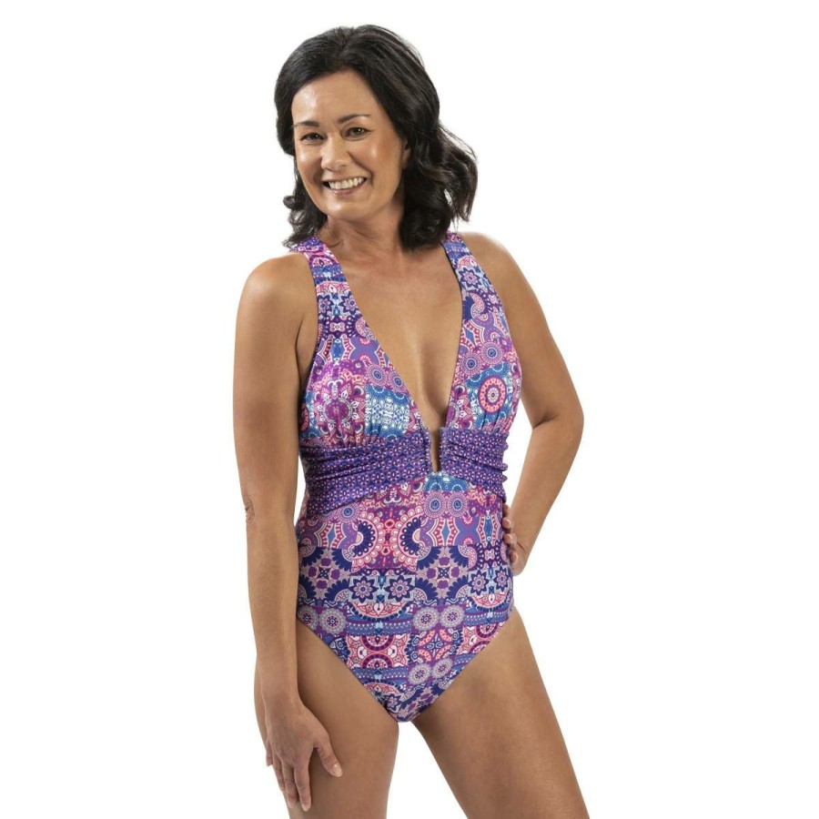 Best * New One Piece Womens Dolfin Aquashape Patchwork Conservative Swimsuit Purple/Multi