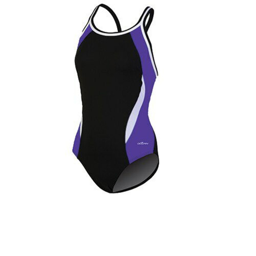 New * New Womens Dolfin Color Block Dbx Back One Piece Swimsuit Black/Purple/White