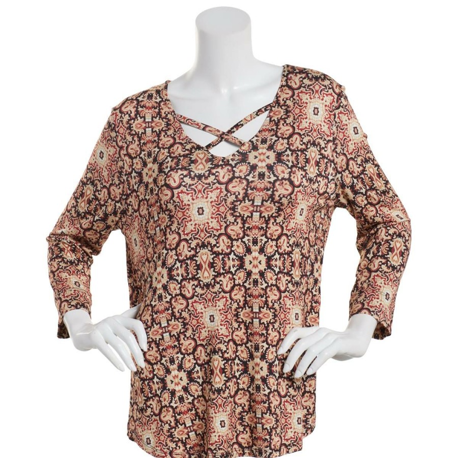 Hot * Hot Sale Tops Women Emaline Key Items 3/4 Sleeve V-Neck Criss Cross Blouse Camel/Multi