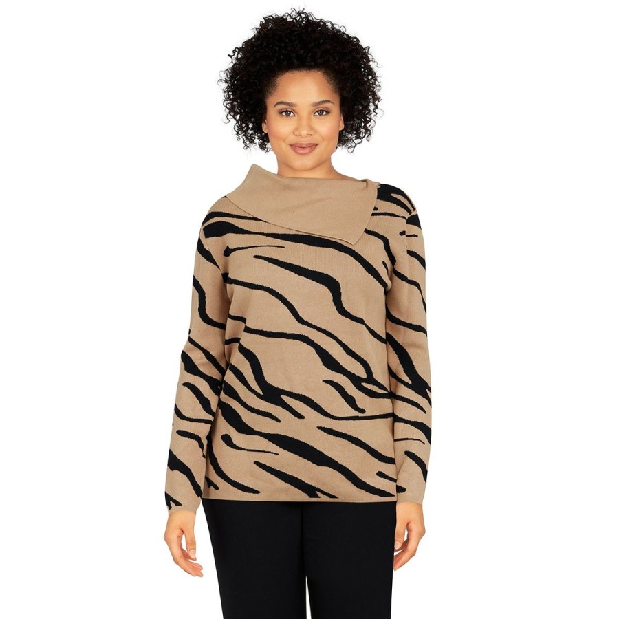 New * Cheap Sweaters & Cardigans Womens Emaline Alberta Long Sleeve Tiger Pullover Sweater Camel/Multi