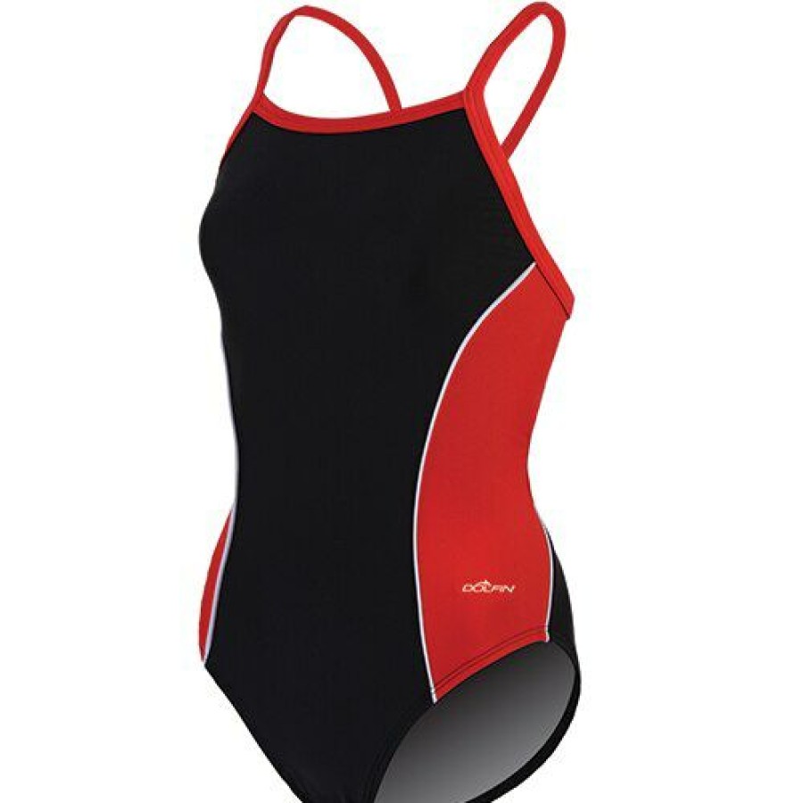 Online * Best Sale Womens Dolfin Team Panel V2 Back One Piece Swimsuit Black/Red Black/Red/White