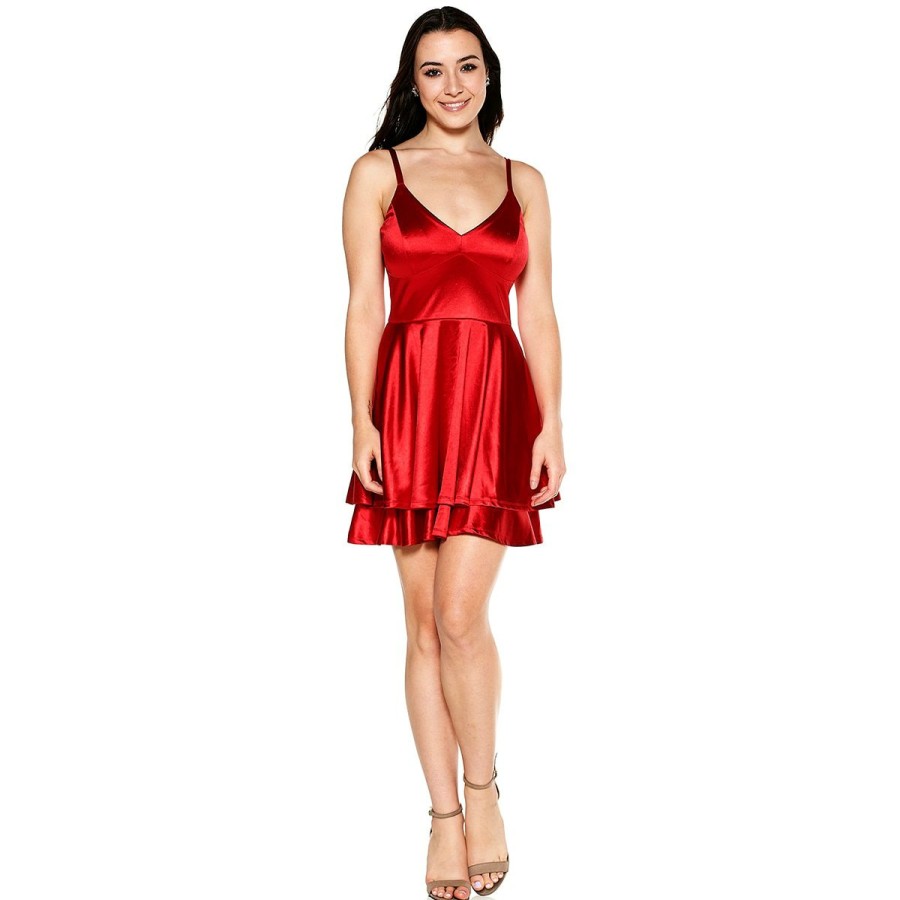 Hot * Deals Emerald-Sundae Dresses Juniors Emerald Sundae V-Neck Cross Back Satin Skater Dress Red