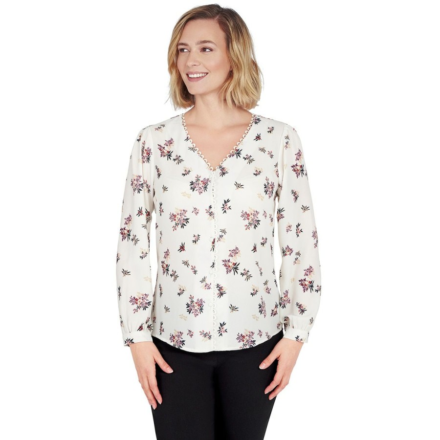 Online * Deals Tops Petite Emaline Alberta Long Sleeve Button Down Lace Trim Blouse Vanilla/Multi