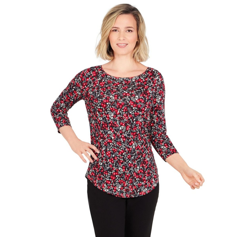 New * Flash Sale Tops Plus Size Emaline Key Items 3/4 Sleeve Ditsy Floral Boat Neck Top Black/Multi