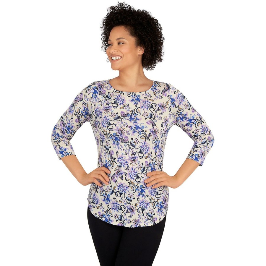 Best * Best Sale Tops Plus Size Emaline Key Items 3/4 Sleeve Tropical Boat Neck Top Cream/Multi