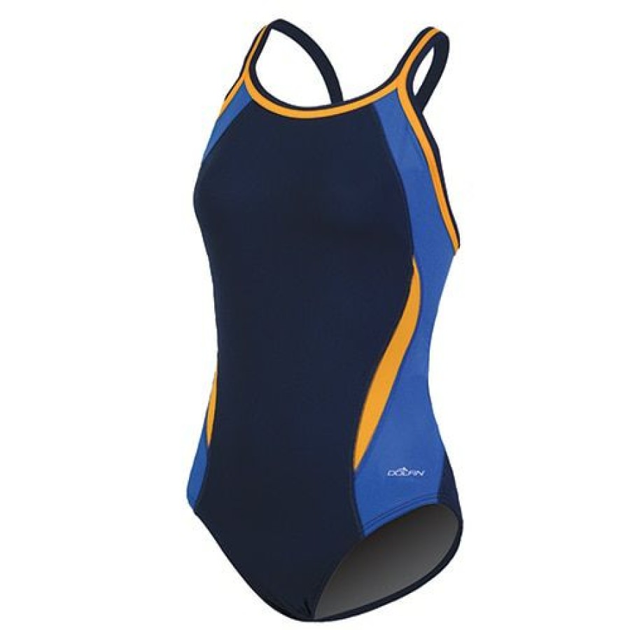 Hot * Flash Sale Womens Dolfin Color Block Dbx Back One Piece Swimsuit-Navy/Multi Navy/Blue/Gold