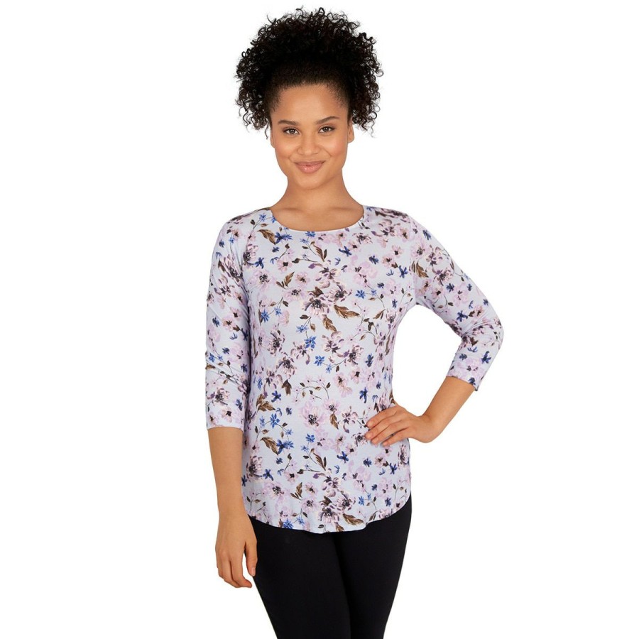 Wholesale * Buy Tops Plus Size Emaline Key Items 3/4 Sleeve Floral Round Neck Knit Top Medium-Blue