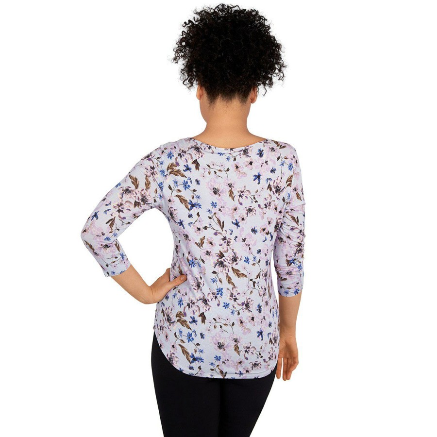 Wholesale * Buy Tops Plus Size Emaline Key Items 3/4 Sleeve Floral Round Neck Knit Top Medium-Blue